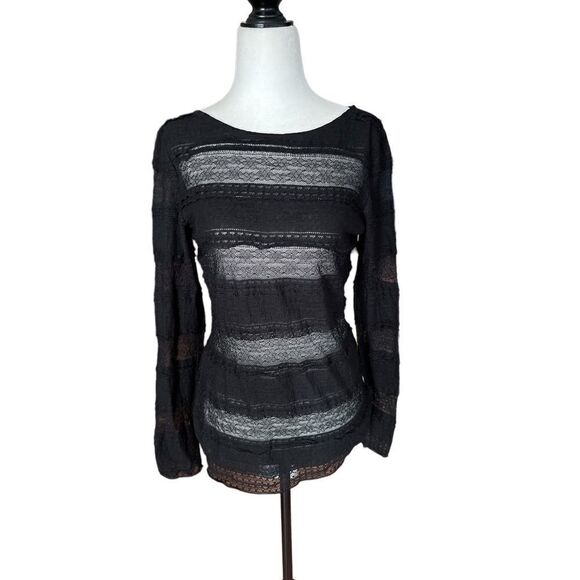 𝅺bcbgmaxazria black semi-sheer lace long sleeve shirt size medium - Picture 1 of 8
